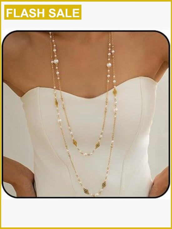 Jewelry - Extra Long Layered Pearl Chain Necklace Trendy Boho Stacking Sweater Jewelry